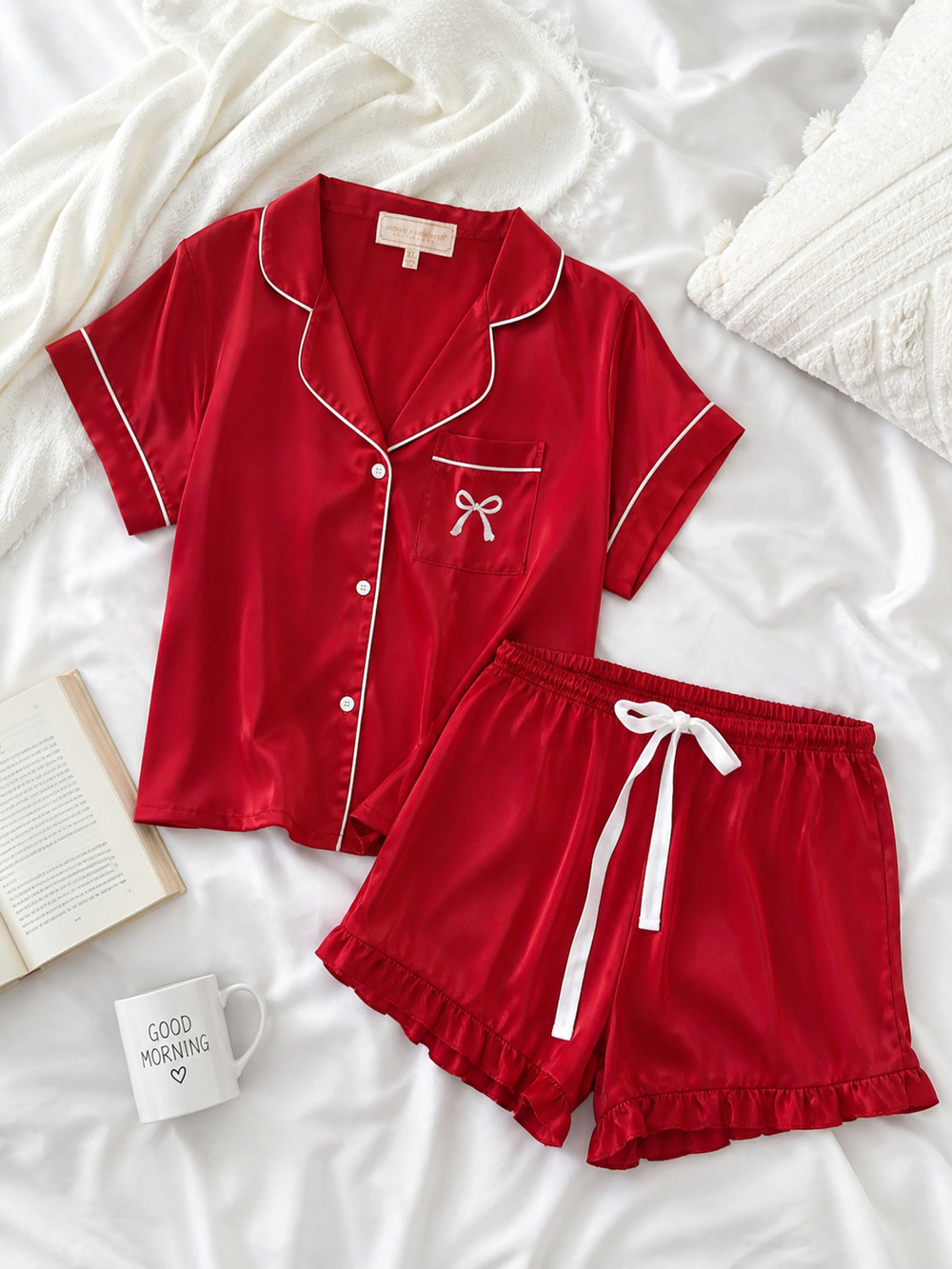 Simply Southern Pajama Set XL Red Satin Button up Top Ruffle Shorts Loungewear